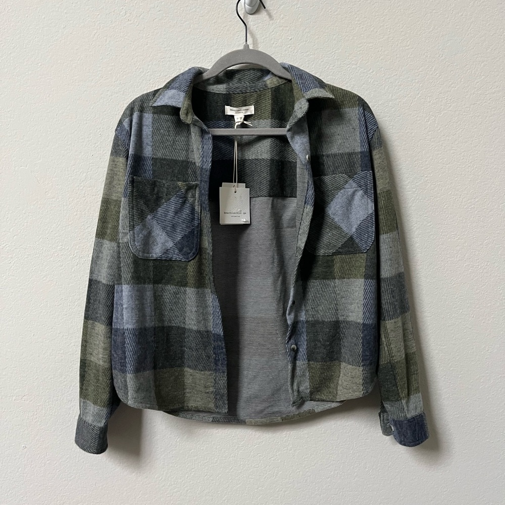 Beachy Brushed Knit Button-Up Shirt Jacket in Green, Gray, and Blue